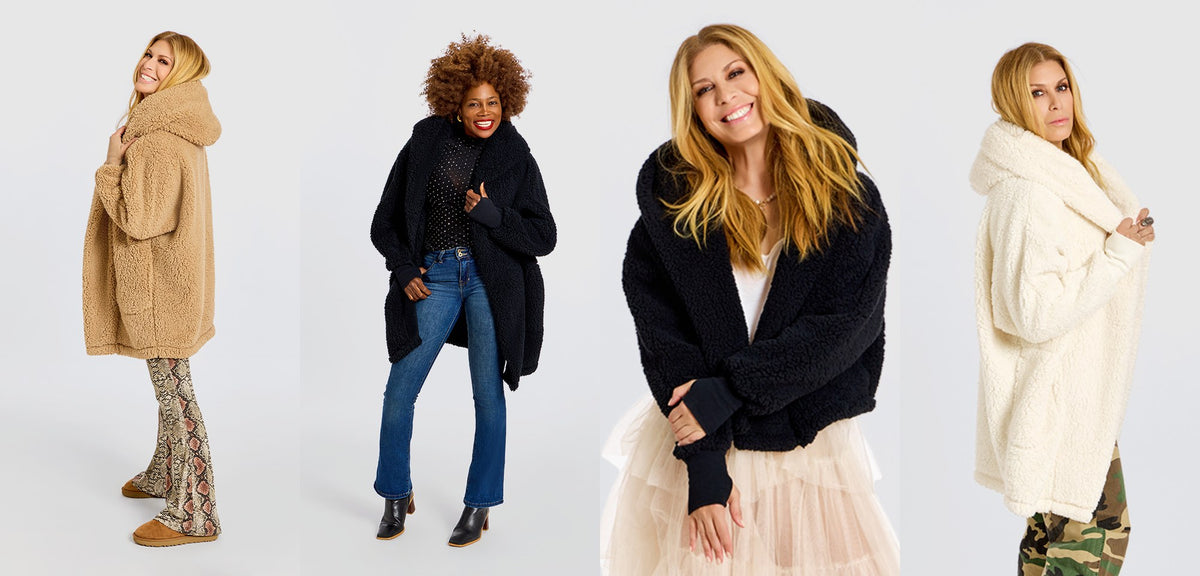 Comfy airport outfits built on Jill Martin Sherpa Loungers in caramel teddy, black and ivory, plus a black cropped Lounger.