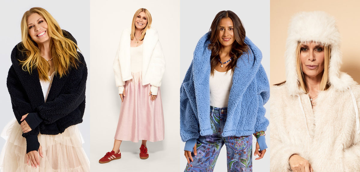 Christmas gifts for your girlfriend from Jill Martin: cropped Sherpa Loungers in black, white and faded denim, and a white faux fur trapper hat.