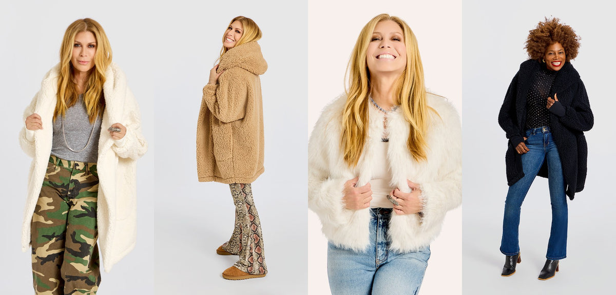 Christmas gifts for your wife from Jill Martin: an ivory Sherpa Lounger, a caramel teddy Lounger, a white faux fur jacket and a black Sherpa Lounger.