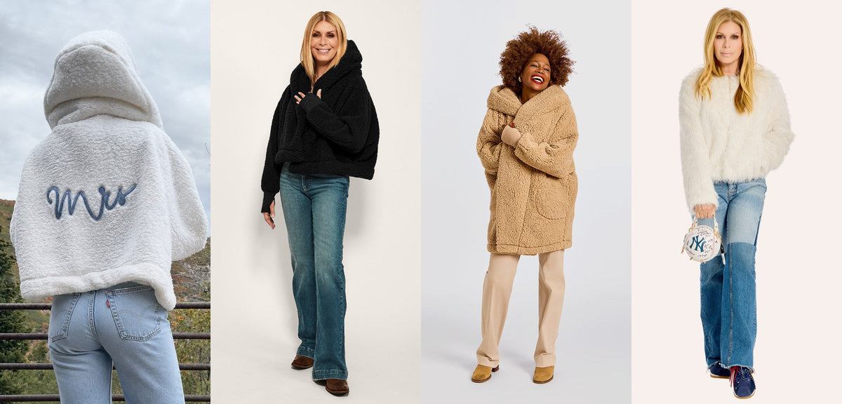Gifts for your daughter-in-law from Jill Martin: the white cropped Lounger with a bedazzled Mrs. patch on the back, a black cropped Lounger, a caramel teddy Lounger and a white faux fur jacket.