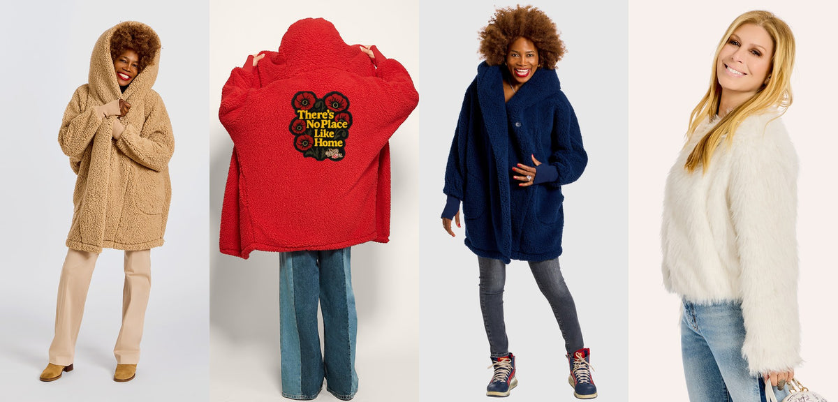 Gifts for your mother-in-law from Jill Martin: a caramel teddy Sherpa Lounger, the red Wizard of Oz Lounger with a There's No Place Like Home patch, a navy Lounger and a white faux fur jacket.
