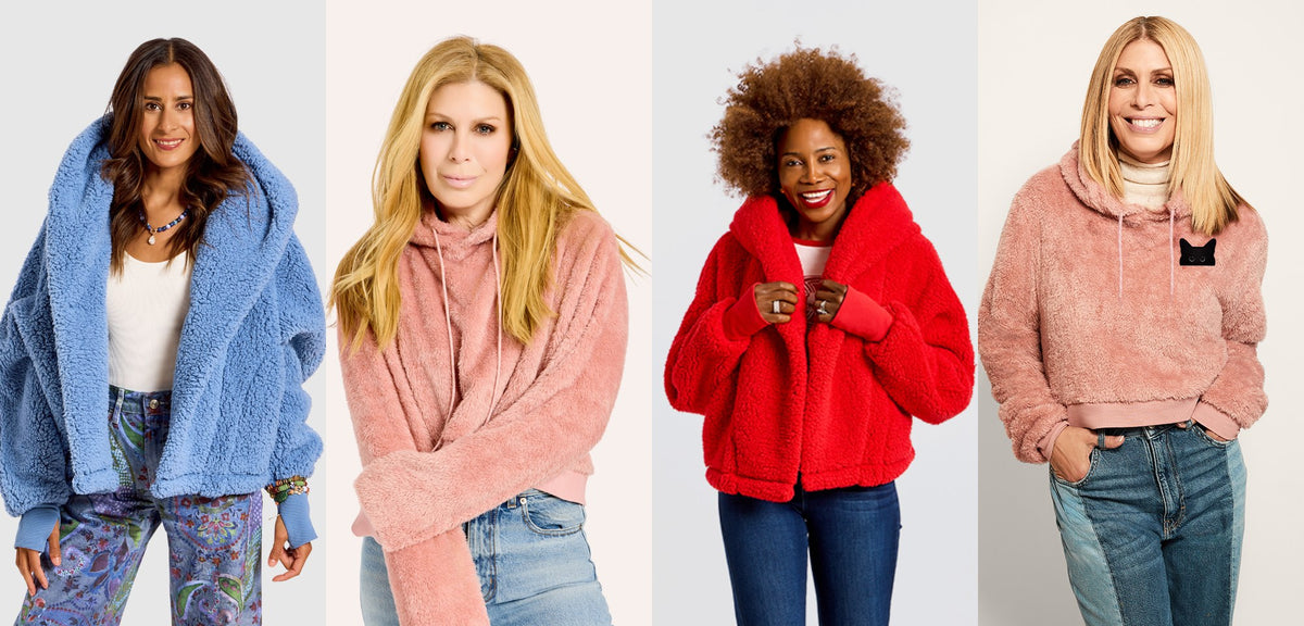 Gifts for teen girls from Jill Martin: a faded denim cropped Lounger, a pink cropped blanket hoodie, a red cropped Lounger and a pink cropped hoodie with a black cat logo.