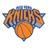 New York Knicks logo featuring bold orange letters and a stylized blue basketball with a gray starburst background.