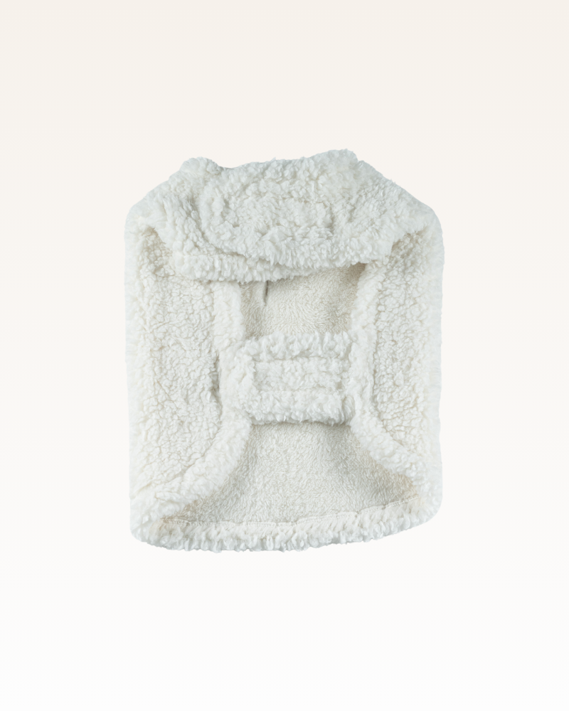 White sherpa pet jacket with a hood on a white background