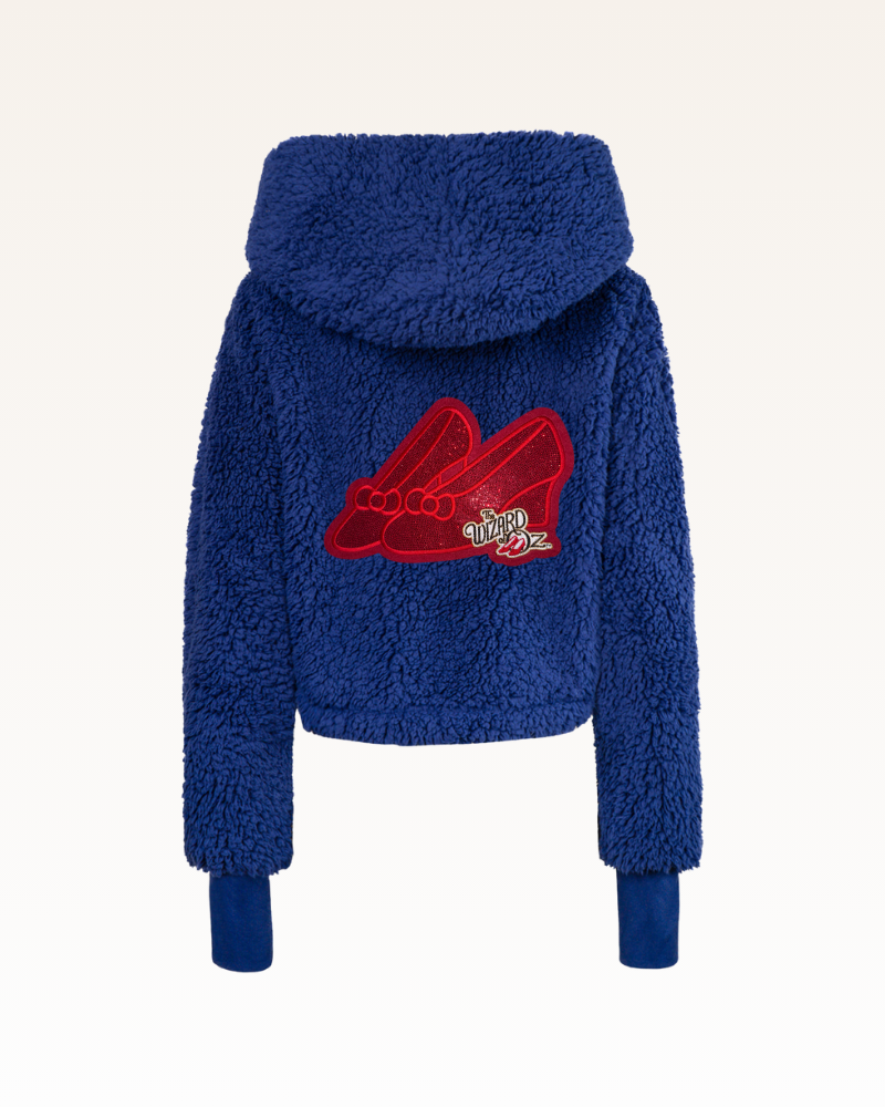 Blue fleece jacket with red graphic on a white background