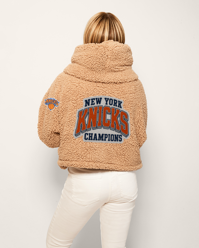 New York Knicks 2026 NBA Champions Bedazzled Remix Logo Cropped Sherpa Lounger Jacket - Caramel Teddy
