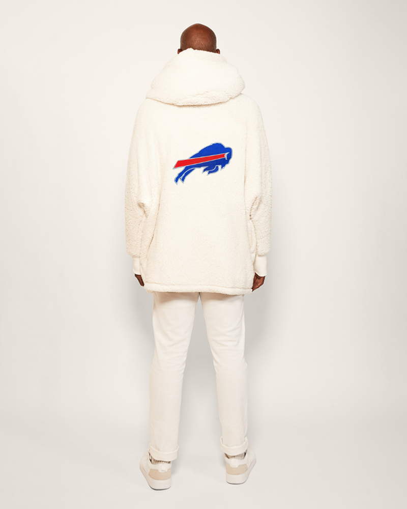person wearing white lounger with buffalo bills logo
