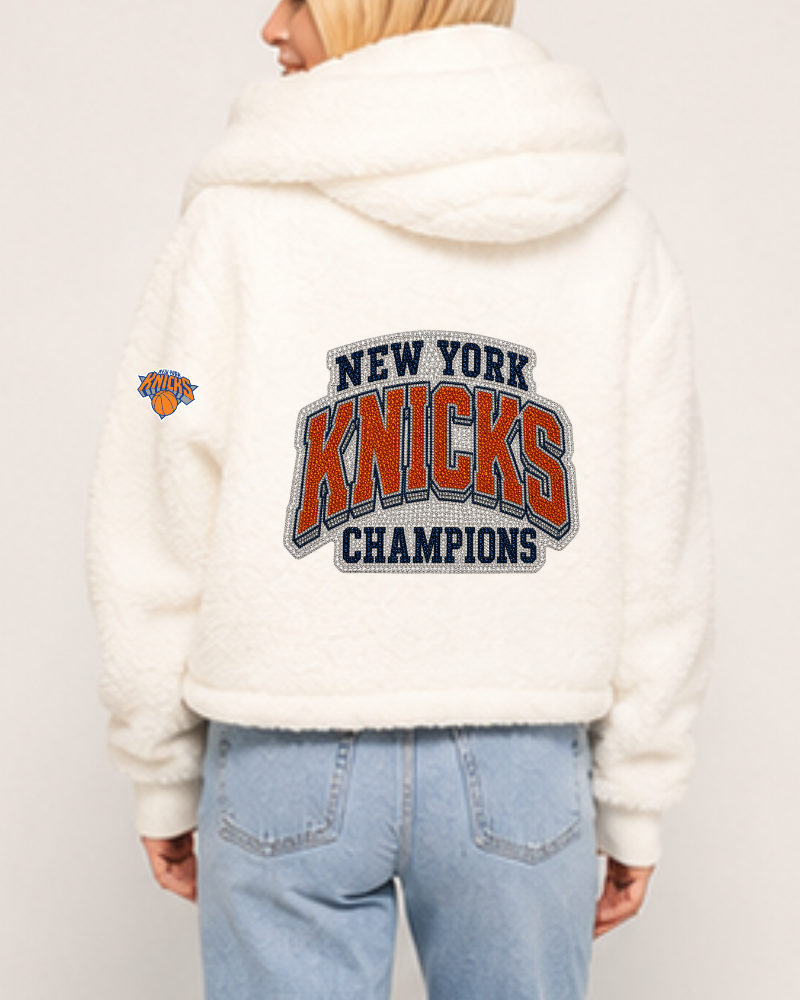 New York Knicks 2026 NBA Champions Bedazzled Remix Logo Cropped Sherpa Lounger Jacket - White