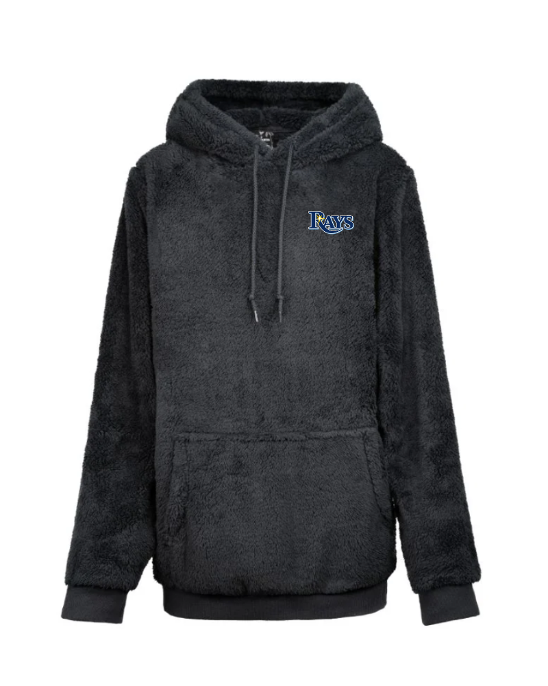 Black hoodie with a tampa bay rays logo on the chest against a white background