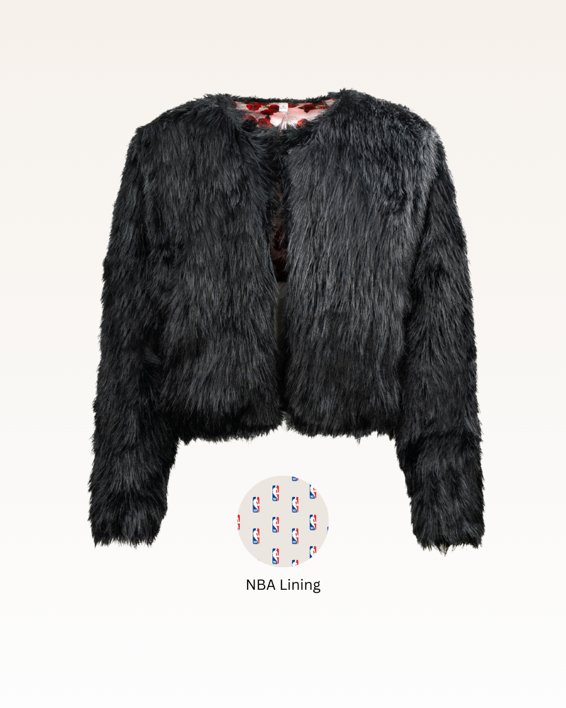 Black fluffy jacket with NBA lining label on a white background