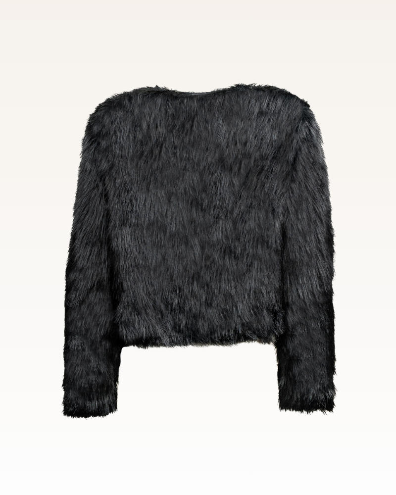 Black fluffy jacket on a white background