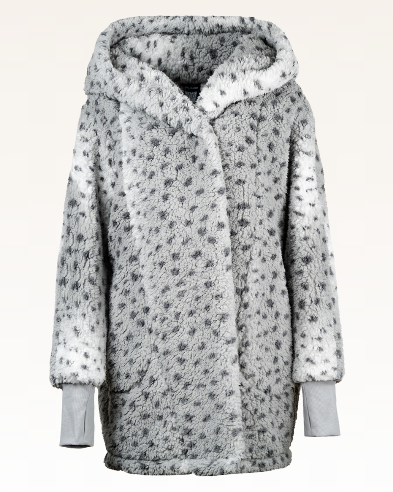 Sherpa gray coat with a hood on a white background