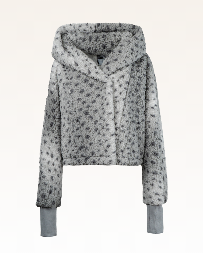 Gray sherpa hoodie with a subtle pattern on a white background