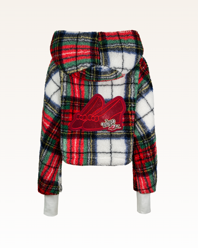 Plaid jacket with a red logo on a white background