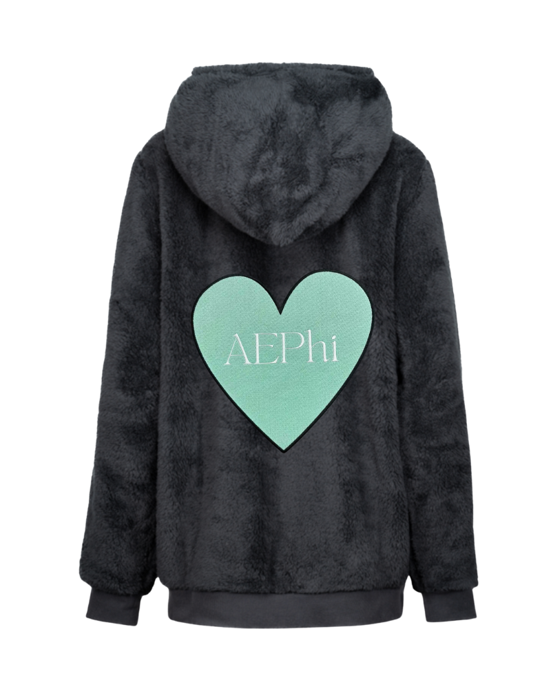 black sherpa hoodie with oversized mint green heart patch that says "AEPhi"