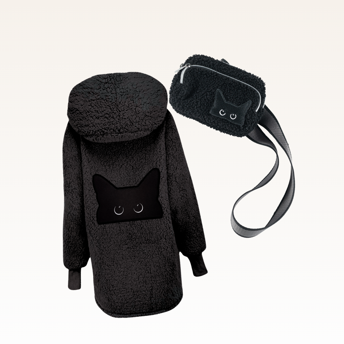 black sherpa lounger with half of a cat's face with a fanny pack of sherpa material with half of a cat's face