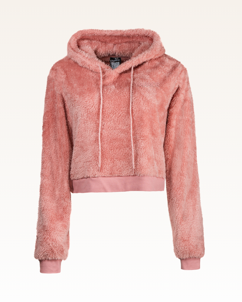 Pink fleece hoodie with warrior logo on a white background