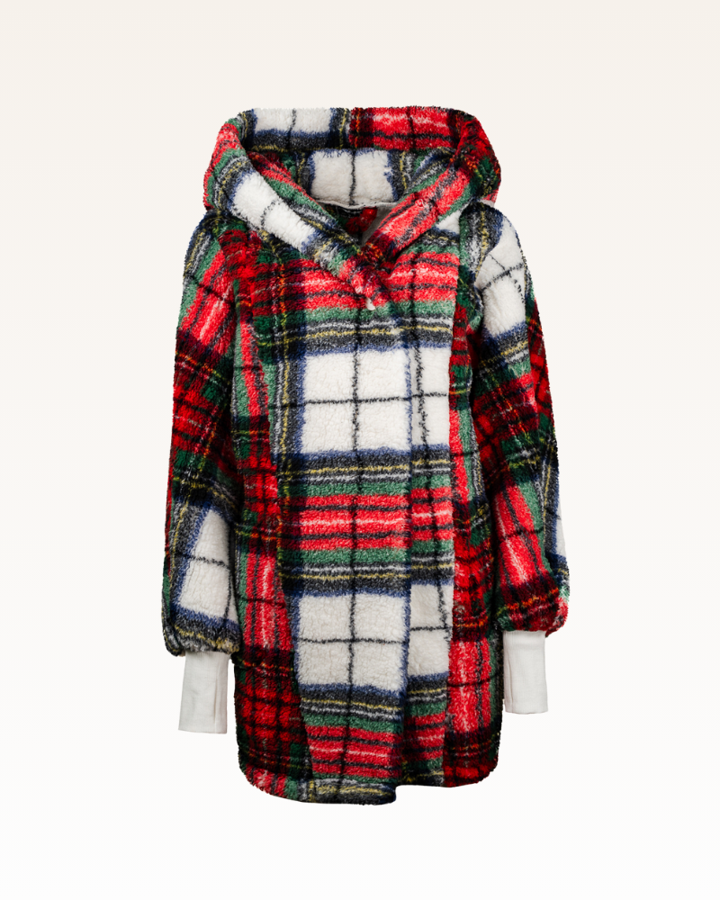Plaid sherpa coat on a white background