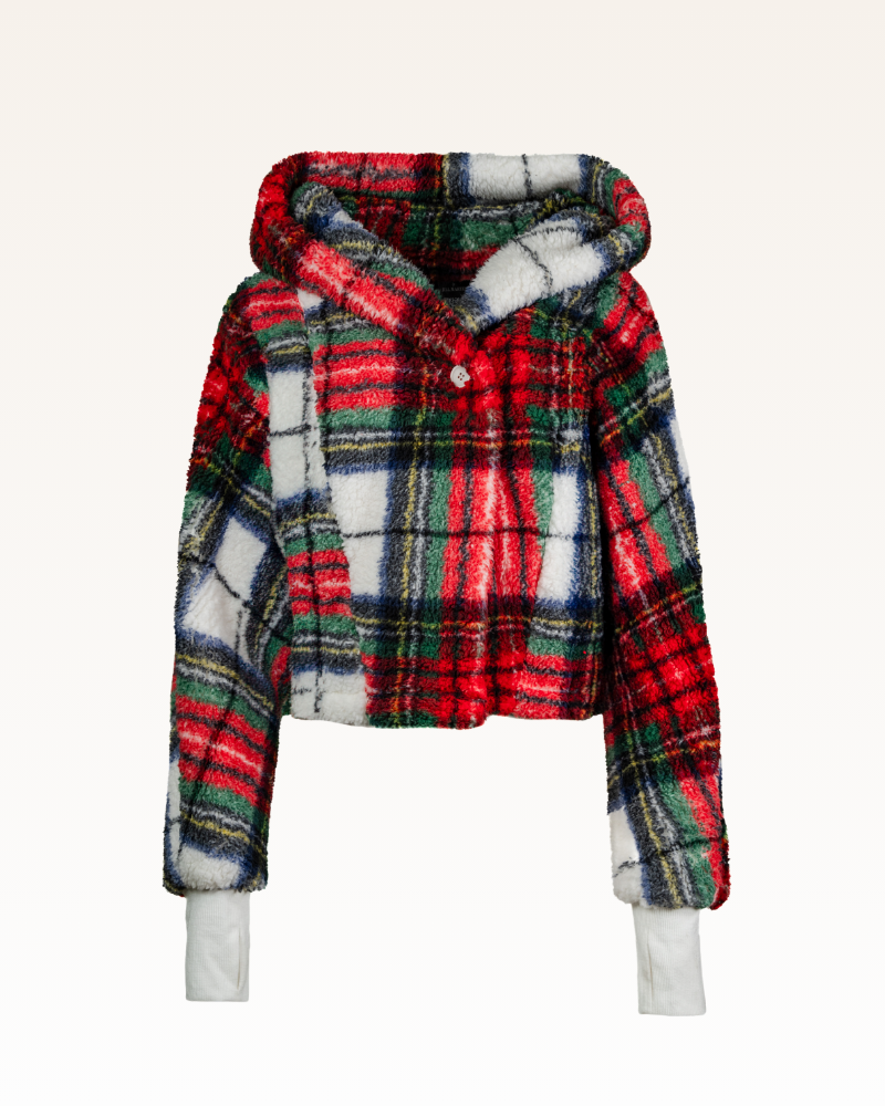 Plaid hoodie with white cuffs and collar on a white background