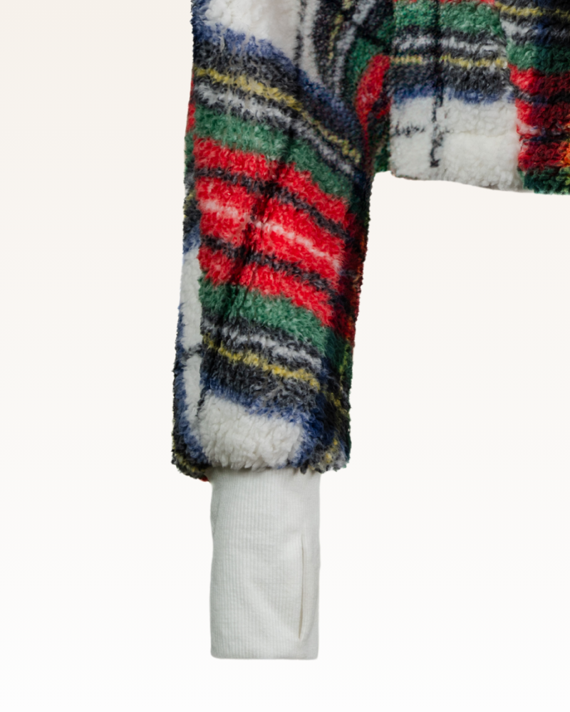 Multicolored striped sweater with a fluffy texture on a white background