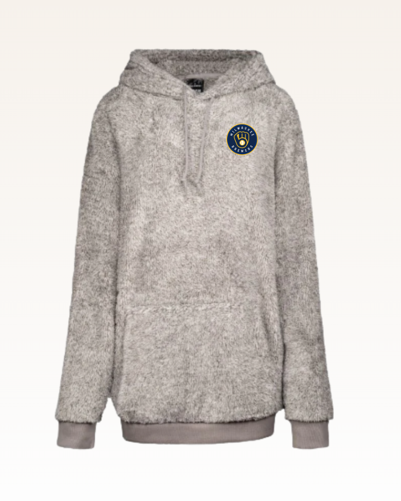 Gray hoodie with a logo on a white background