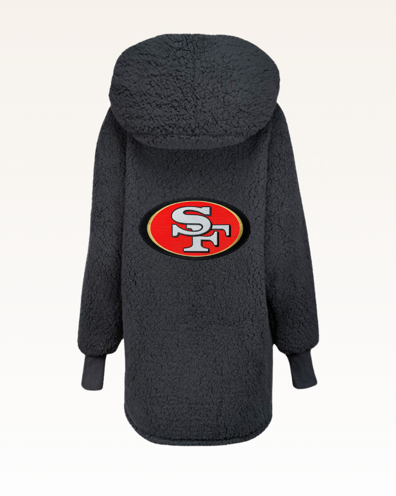 Dark gray fleece jacket with a logo on a white background