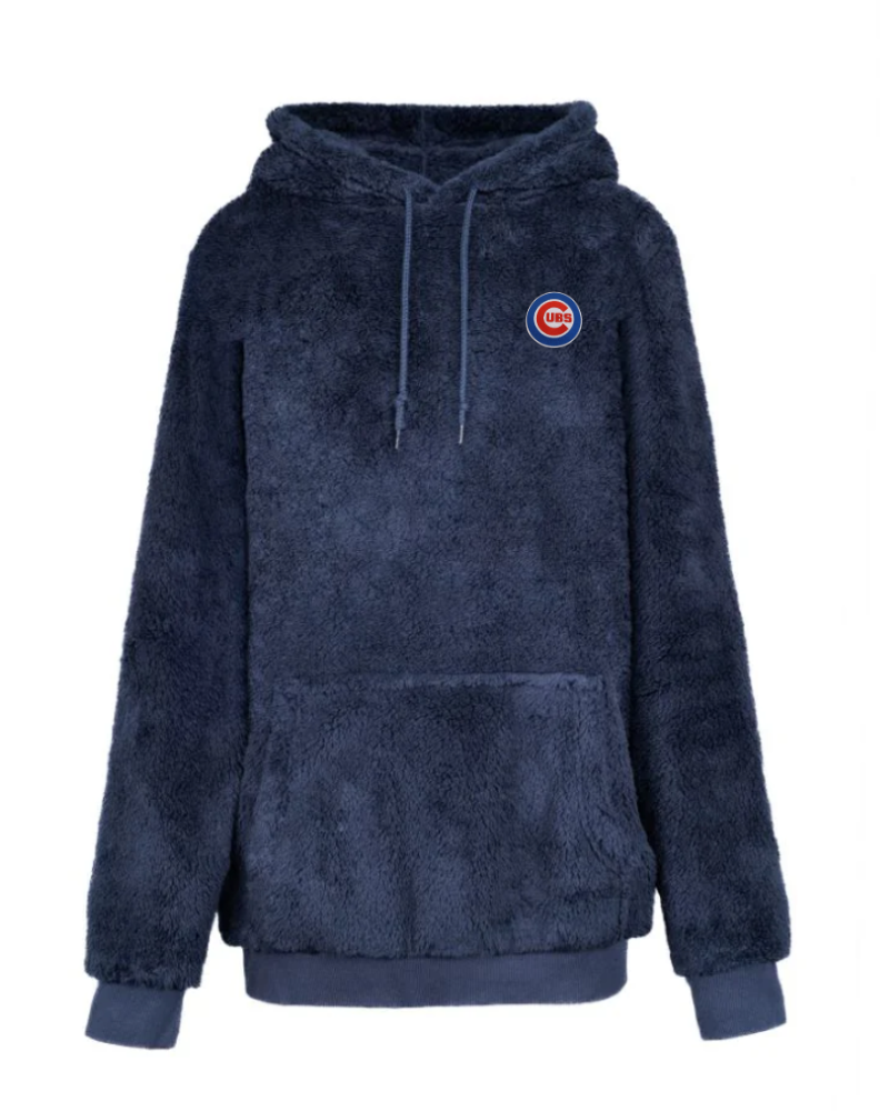 Navy blue sherpa hoodie with a chicago cubs logo on the chest against a white background