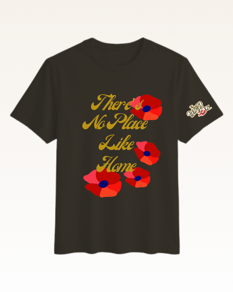 Black t-shirt with red floral designs and text on a white background