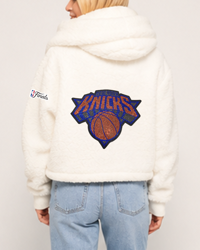 New York Knicks 2026 NBA Finals Bedazzled Logo Cropped Sherpa Lounger Jacket - White