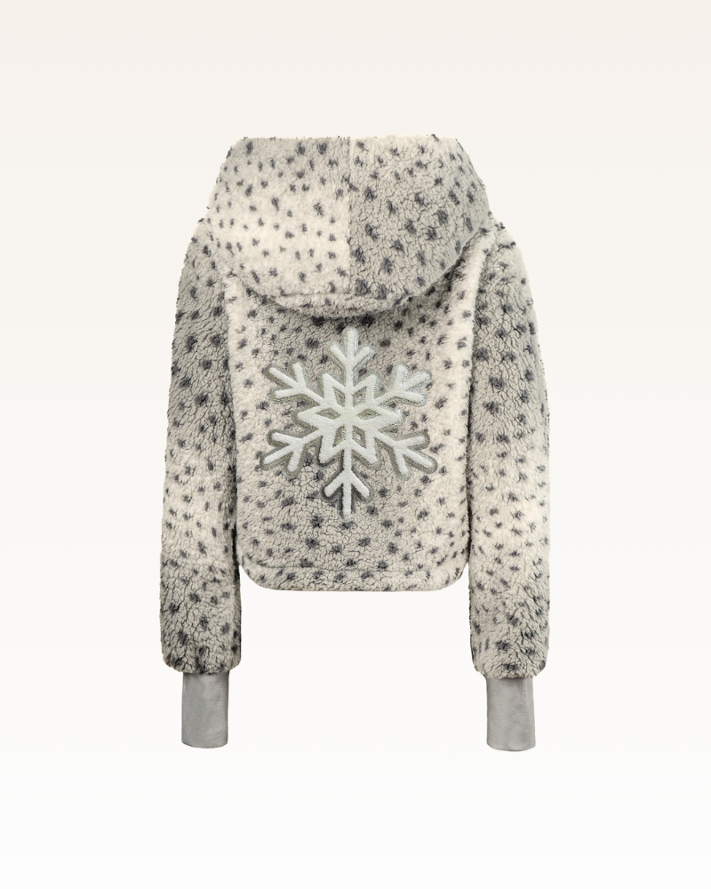 snow leopard hoodie with a snowflake design on a white background