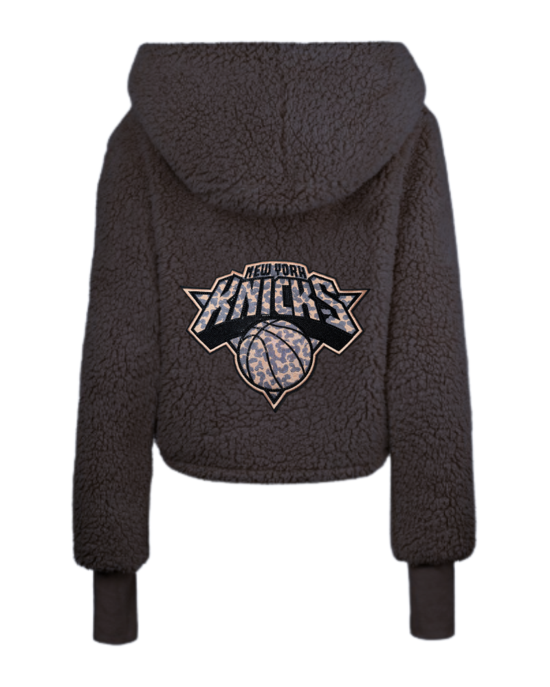 New York Knicks Bedazzled Leopard Logo Cropped Sherpa Lounger Jacket