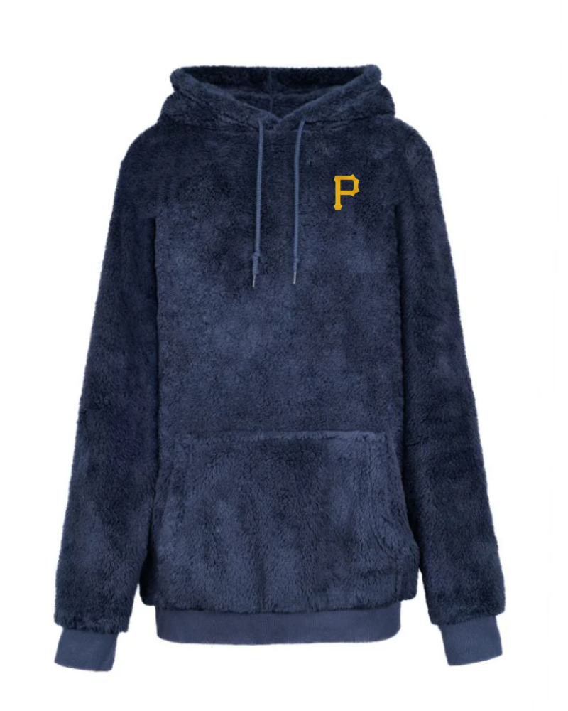 Blue sherpa hoodie with a yellow pittsburgh pirates logo on a white background