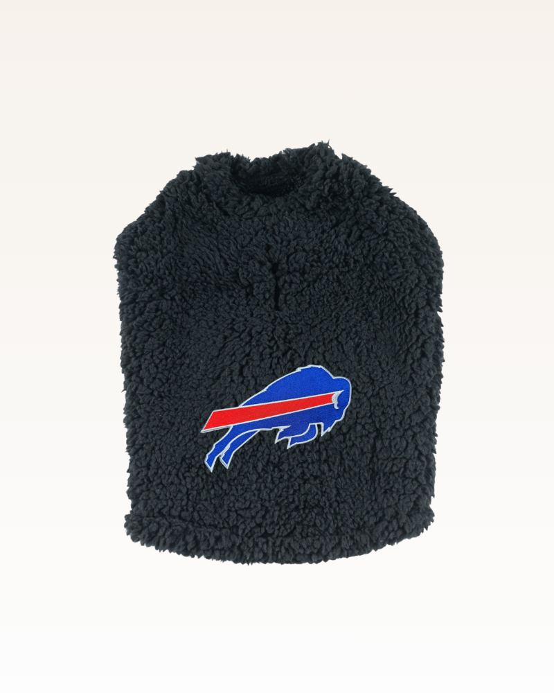 black sherpa pet jacket with Buffalo Bills logo