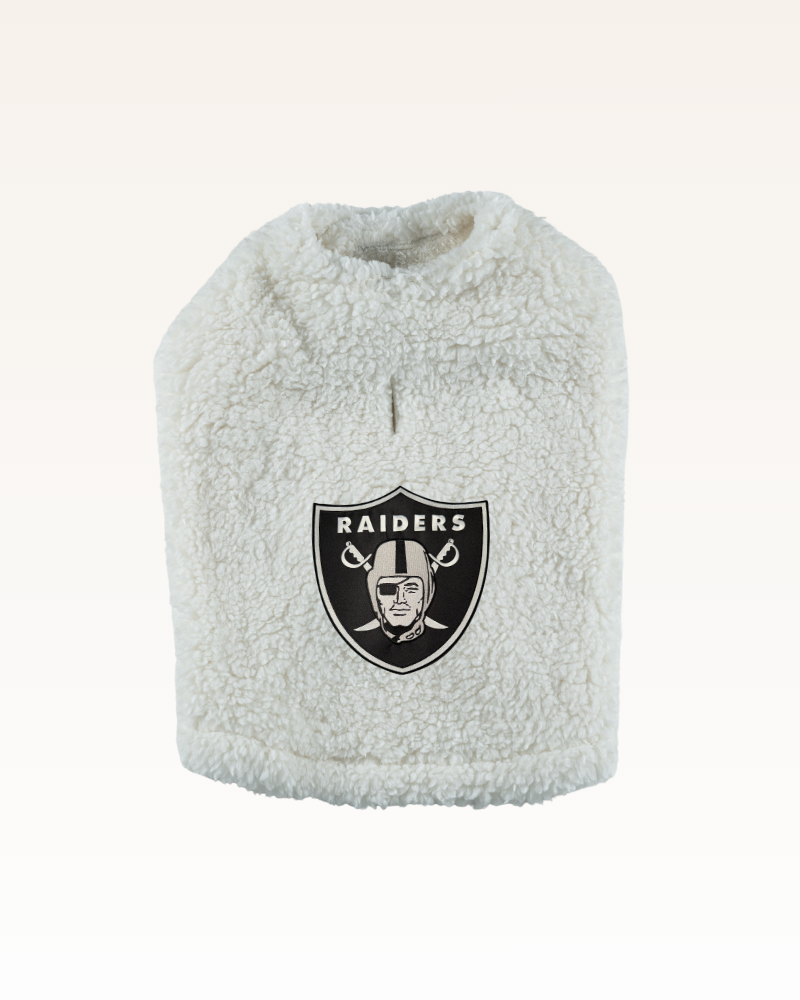 white sherpa pet jacket with raiders black and white logo