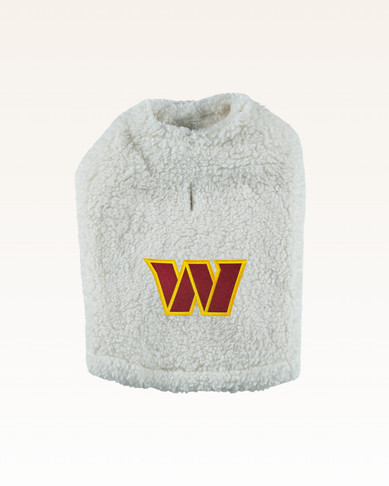 white sherpa pet jacket with Washington commanders logo
