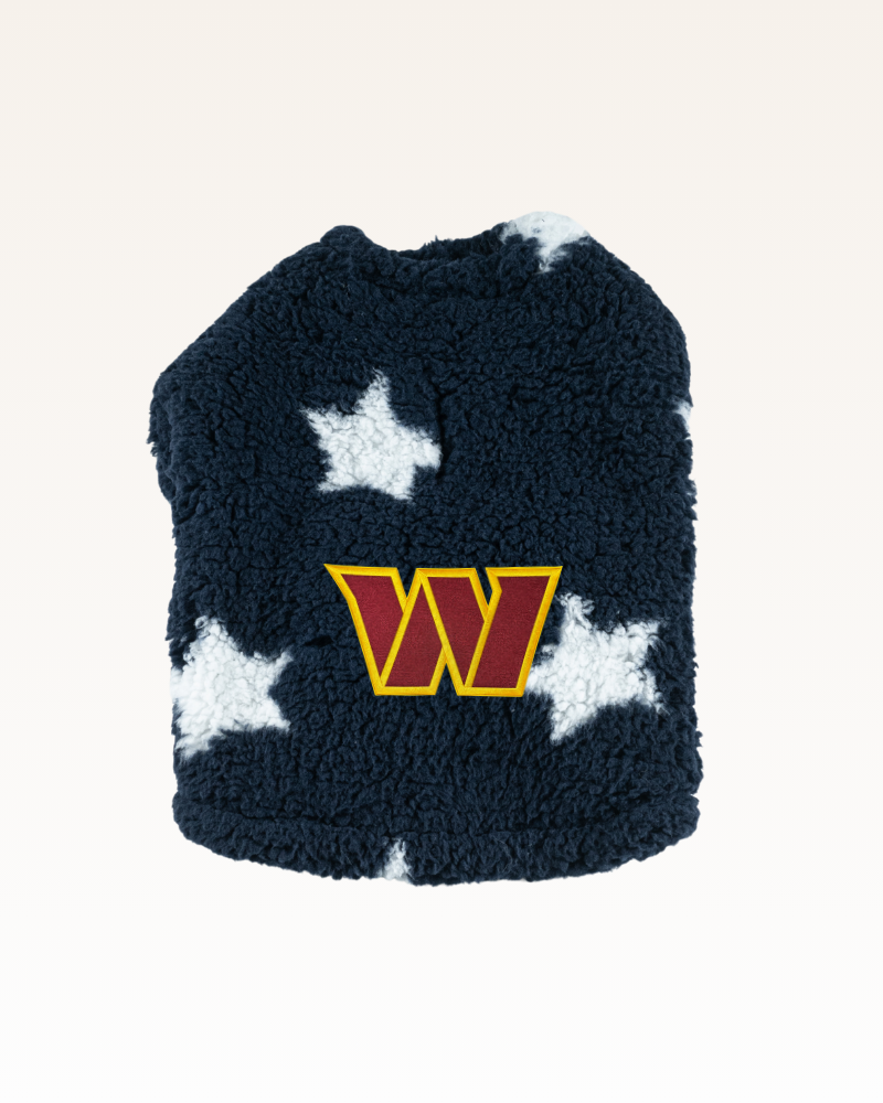 navy with stars sherpa pet jacket with Washington commanders logo