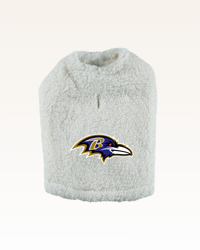 white sherpa pet jacket with Baltimore ravens logo