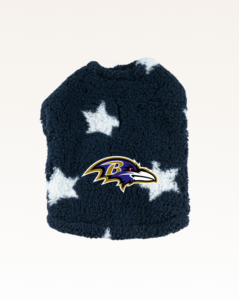 navy with stars sherpa pet jacket with Baltimore ravens logo