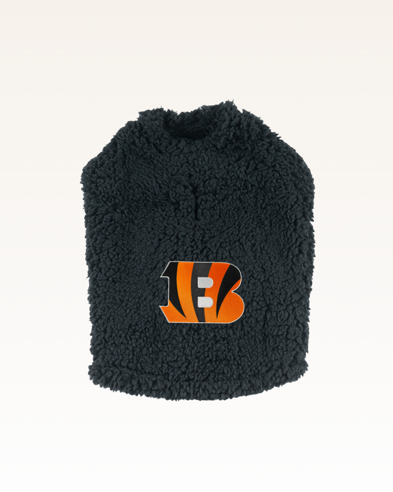 black sherpa pet jacket with Cincinnati Bengals logo