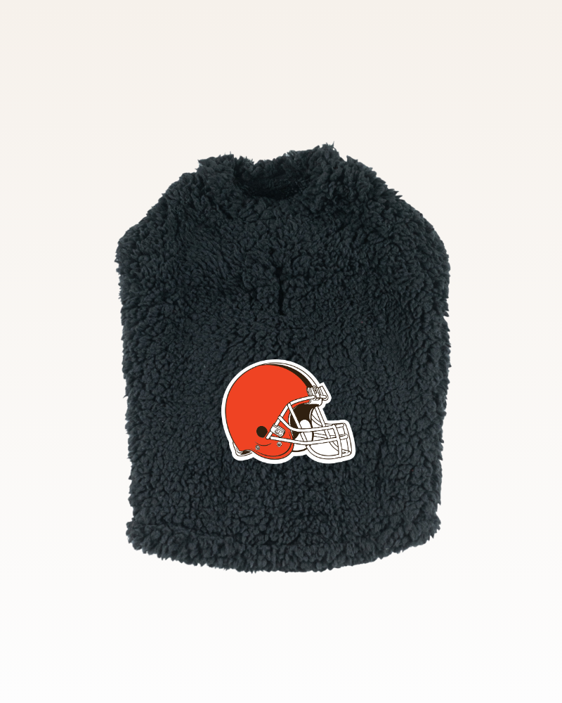 black sherpa pet jacket with Cleveland browns orange helmet logo