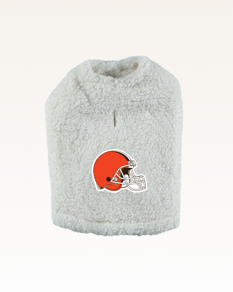 white sherpa pet jacket with Cleveland browns orange helmet logo
