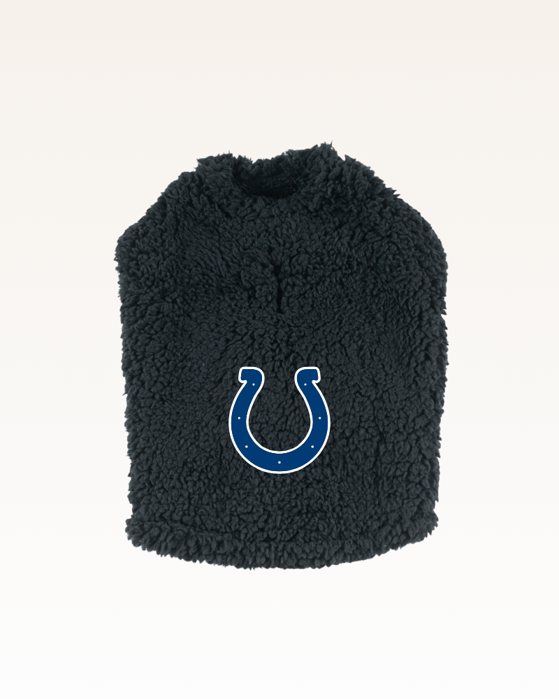 black sherpa pet jacket with Indianapolis colts horseshoe logo