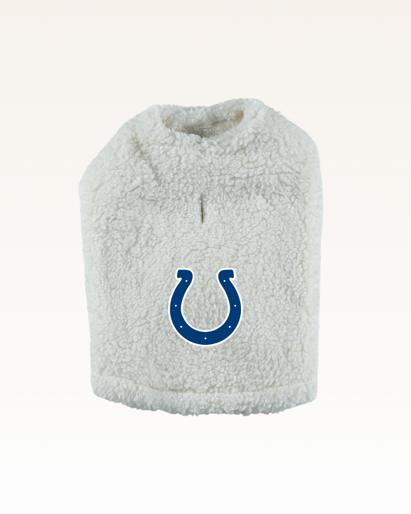white sherpa pet jacket with Indianapolis colts horseshoe logo