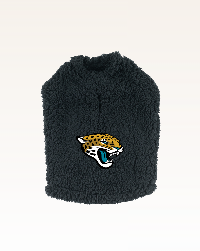 black sherpa pet jacket with jaguar logo