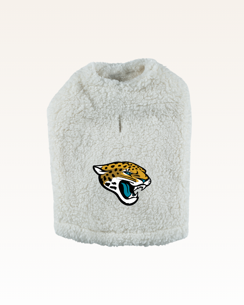 white sherpa pet jacket with jaguar logo