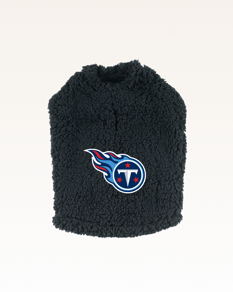 black sherpa pet jacket with Tennessee Titan logo