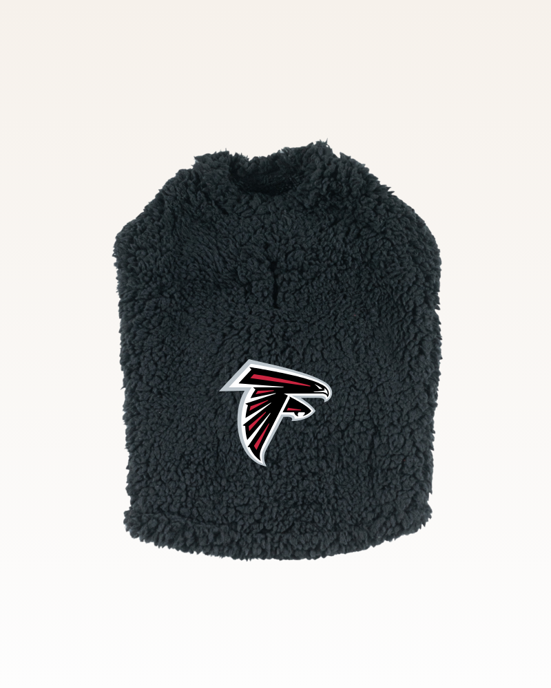 black sherpa pet jacket with red and black falcon logo