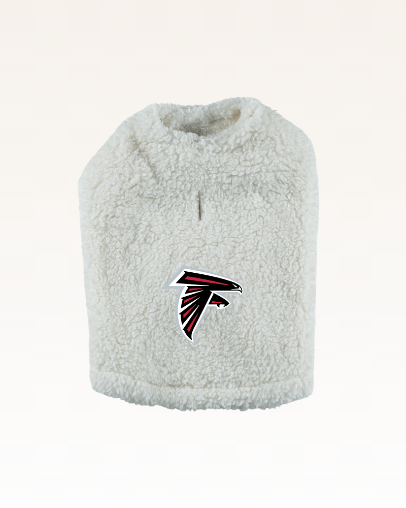 white sherpa pet jacket with red and black falcon logo