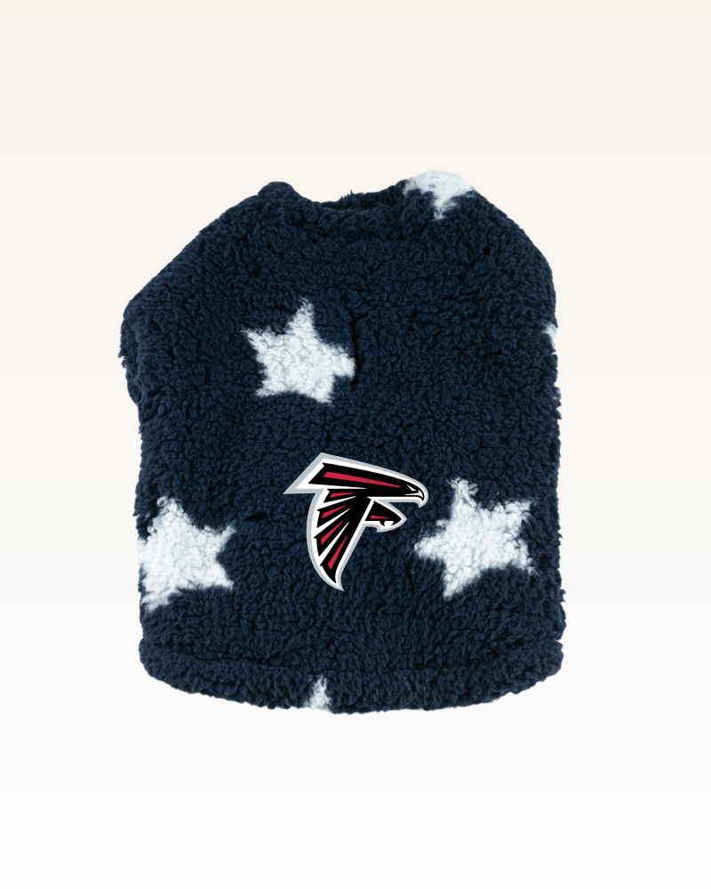 Navy with stars sherpa pet jacket with black and red falcon logo