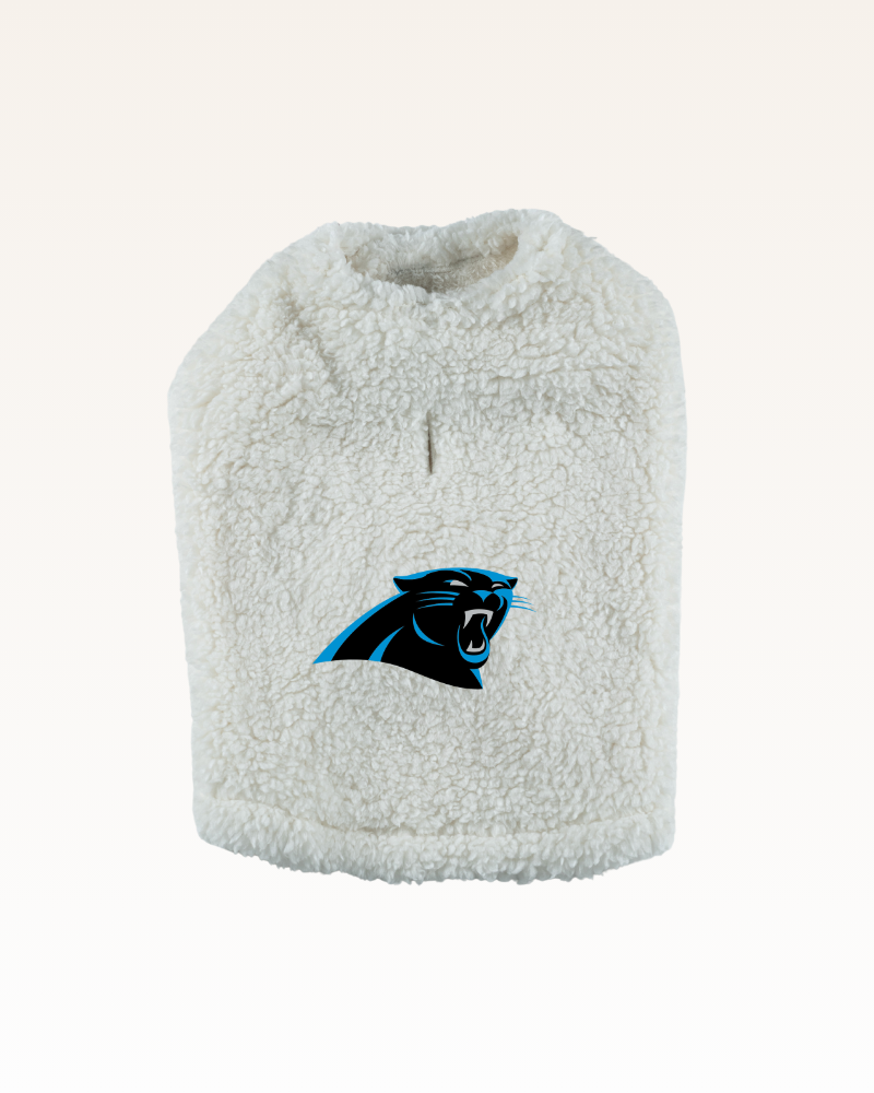 white sherpa pet jacket with lion logo